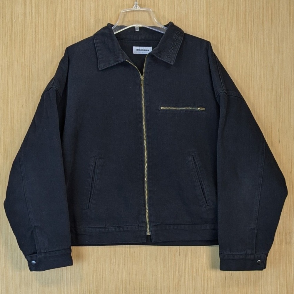 Ryoko Rain Mens Black Denim Classic Work Jacket Full Zip Size Large Streetwear